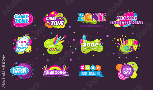 Kids game zone fun day entertainment set childish banner label sticker badge logo.