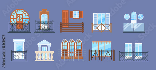 Vintage balcony with fence facade building. Balcony windows, house facade of wooden banister porch or metal forged fences. Home facade balconies with windows, doors retro decor