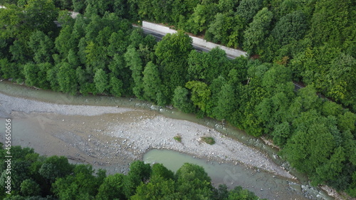 Mountain side river and road