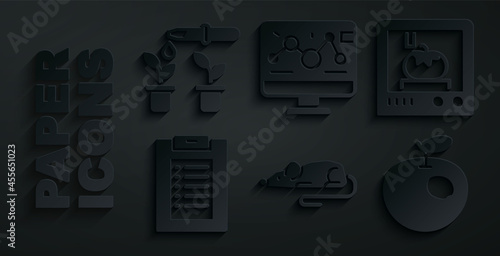 Set Experimental mouse, 3D printing technology, Clinical record, Genetically modified apple, engineering modification and Pipette and plant icon. Vector