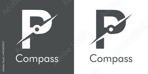 Logotipo con texto Compass con letra inicial P con forma de brújula en fondo gris y fondo blanco