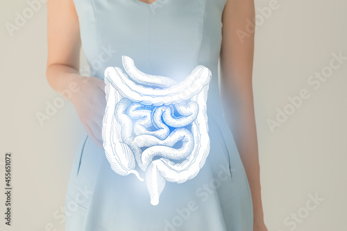 Woman in blue clothes holding virtual intestine in hand. Handrawn human organ, detox and healthcare, healthcare hospital service concept stock photo photo
