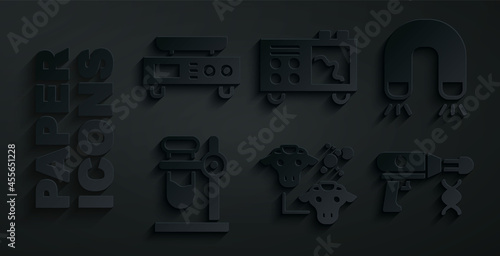 Set Cloning, Magnet, Test tube flask stand, Transfer liquid gun, Spectrometer and Electronic scales icon. Vector