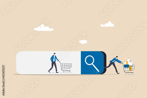 SEO, Search Engine Optimization, customer search online and buy from website, conversion rate concept, customer queue in search bar and checkout with full of purchased items in shopping cart. photo