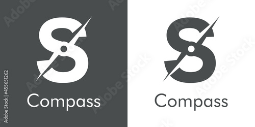 Logotipo con texto Compass con letra inicial S con forma de brújula en fondo gris y fondo blanco