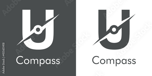 Logotipo con texto Compass con letra inicial U con forma de brújula en fondo gris y fondo blanco