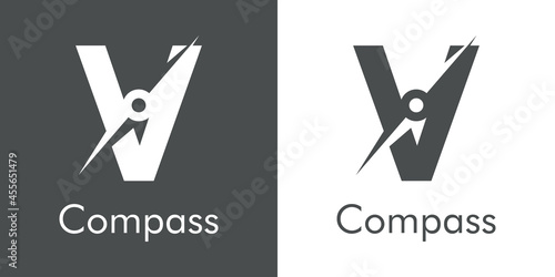 Logotipo con texto Compass con letra inicial V con forma de brújula en fondo gris y fondo blanco