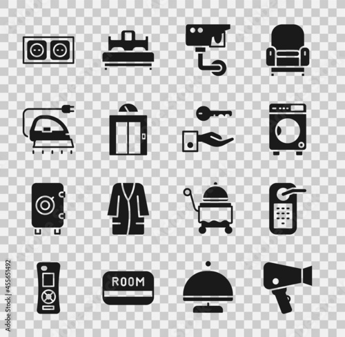 Set Hair dryer, Digital door lock, Washer, Security camera, Lift, Electric iron, Electrical outlet and Hotel key icon. Vector
