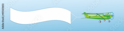 Green airplane flying with big banner on blue sky. Panoramic design. Vector illustration. EPS10.
