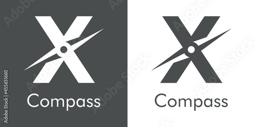 Logotipo con texto Compass con letra inicial X con forma de brújula en fondo gris y fondo blanco