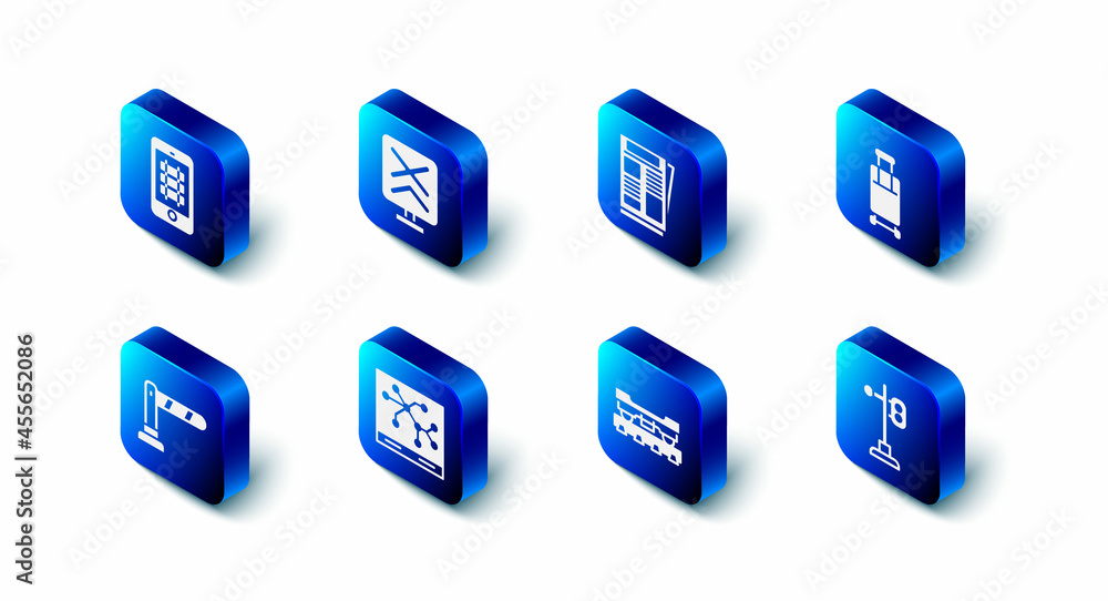 Set Railroad crossing, News, Suitcase, Train traffic light, Cargo train wagon, Railway map, barrier and Buy ticket online icon. Vector Set Railroad crossing, News, Suitcase, Train traffic light, Cargo train wagon, Railway map, barrier and Buy ticket online icon. Vector