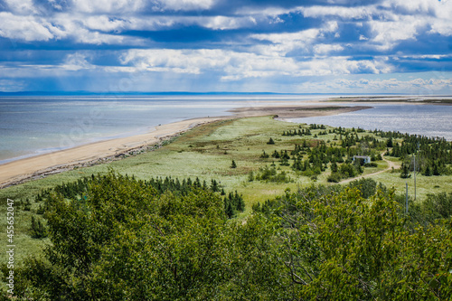 View on Portneuf sur Mer sandbank from a nearby observation deck, in Cote Nord of Quebec, Canada photo