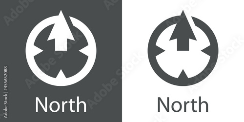 Logotipo con texto North con silueta de flecha en brújula con forma de círculo en fondo gris y fondo blanco