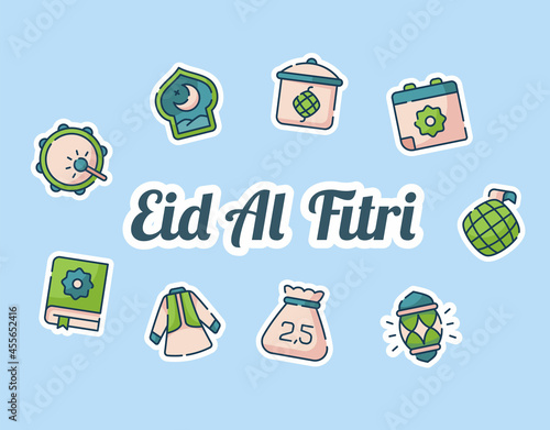 eid al fitri lettering around set icons package blue isolated background with modern flat cartoon style photo