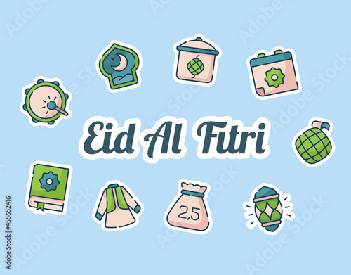 eid al fitri lettering around set icons package blue isolated background with modern flat cartoon style