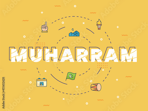 muharram around set icons package orange isolated background with modern flat cartoon style