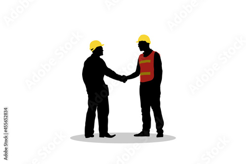 Vector illustration Silhouette of Engineer and worker man handshake, Success teamwork on white background