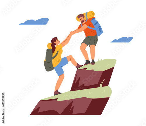 Couple climbing a mountain vector illustration. Man and woman hiking. Isolated on white.