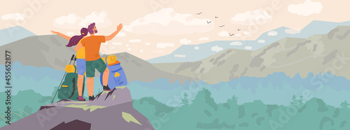 Couple standing on top of the mountain observing beautiful landscape horizontal banner. Man and woman hiking vector illustration.