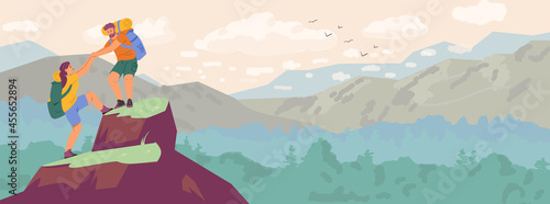Couple climbing a mountain horizontal banner. Man and woman hiking vector illustration.