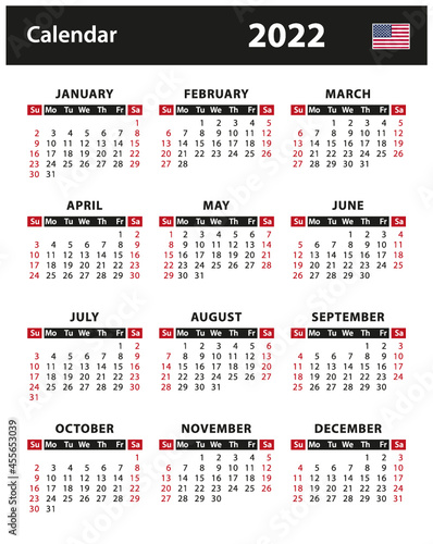 2022 Calendar - vector stock illustration. English American version