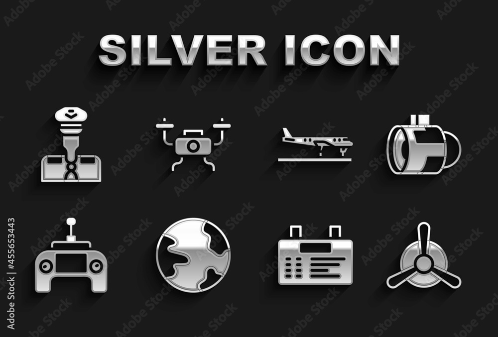 Set Worldwide, Jet engine turbine, Plane propeller, Airport board, Drone remote control, Pilot and flying icon. Vector Set Worldwide, Jet engine turbine, Plane propeller, Airport board, Drone remote control, Pilot and flying icon. Vector