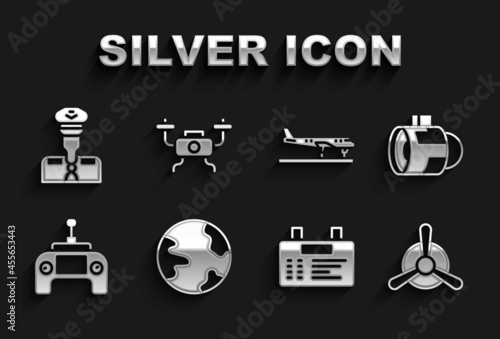 Set Worldwide, Jet engine turbine, Plane propeller, Airport board, Drone remote control, Pilot and flying icon. Vector