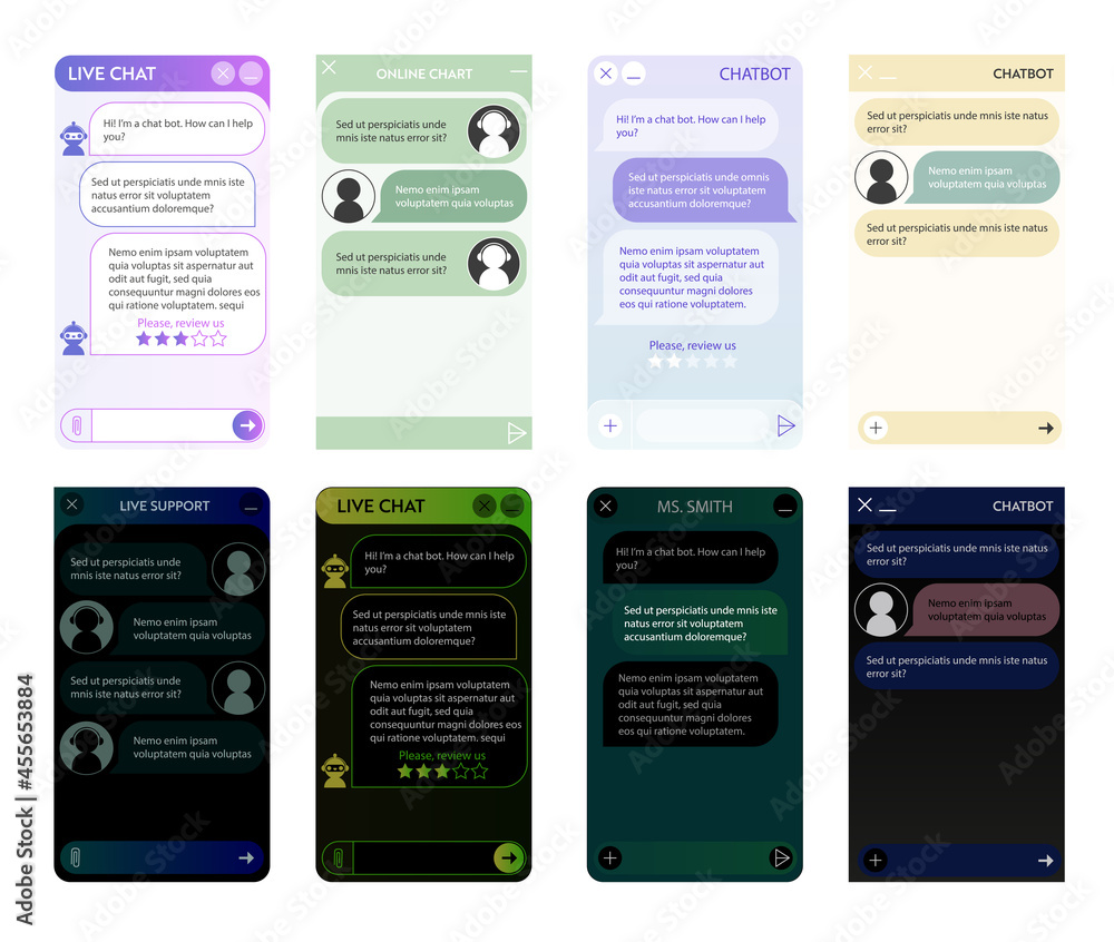 Chat bot windows set. Dark Night and Light mode. User interface of application with online dialogue. Conversation with a robot assistant Chat bot windows set. Dark Night and Light mode. User interface of application with online dialogue. Conversation with a robot assistant