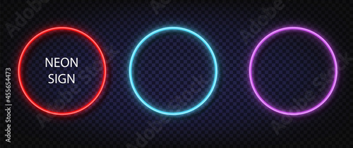 Neon circle sign. Glowing color vector set realistic neon square. Shining led or halogen lamps frame banners