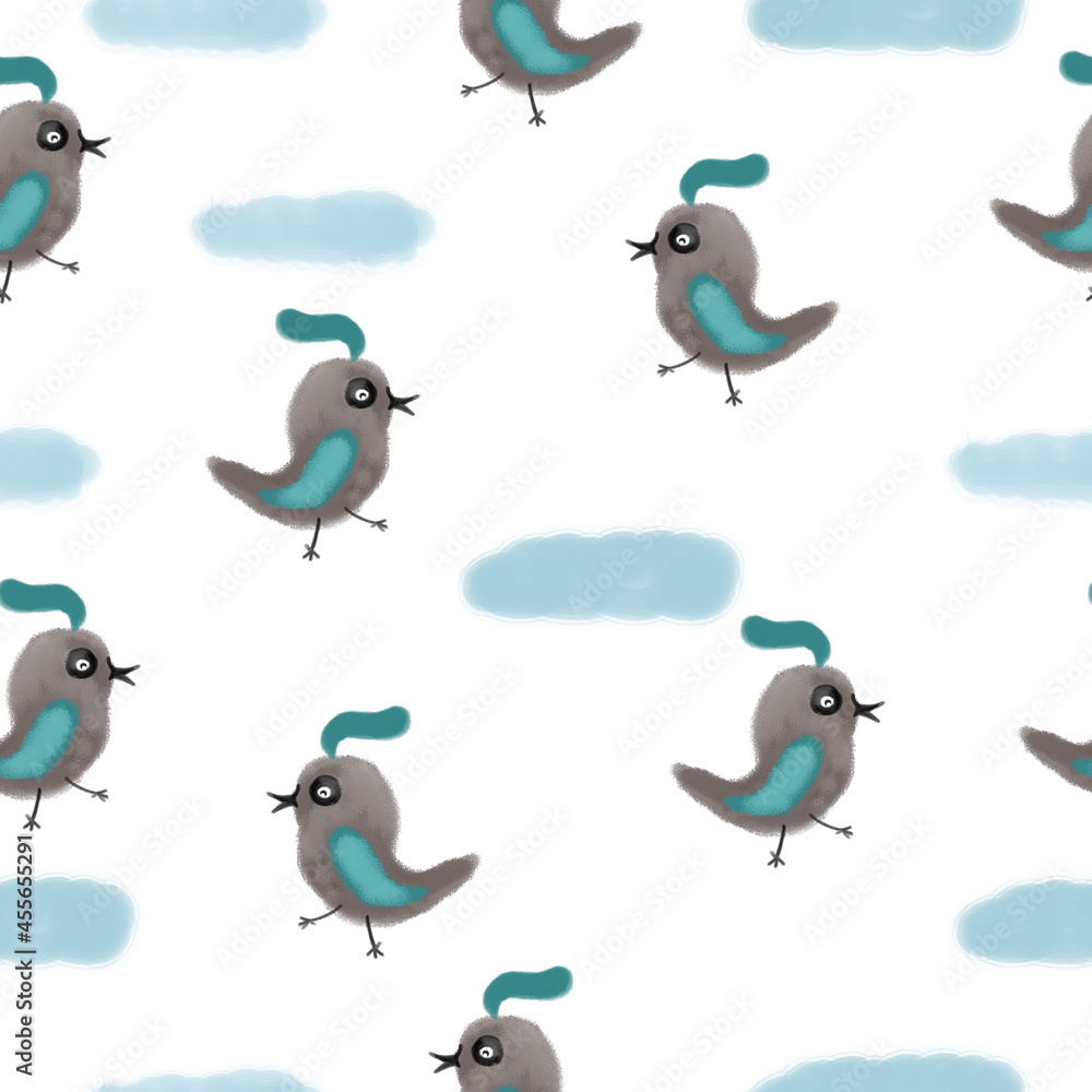 Seamless pattern with a bird. Design for a holiday. Printing for wrapping paper. An illustration for printing. Children's composition. Texture for fabric and paper.