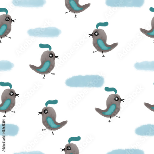 Seamless pattern with a bird. Design for a holiday. Printing for wrapping paper. An illustration for printing. Children s composition. Texture for fabric and paper.