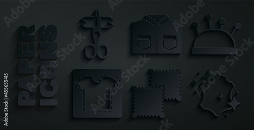 Set Textile fabric roll, Needle bed and needles, Sewing pattern, Leather, Shirt and Scissors icon. Vector