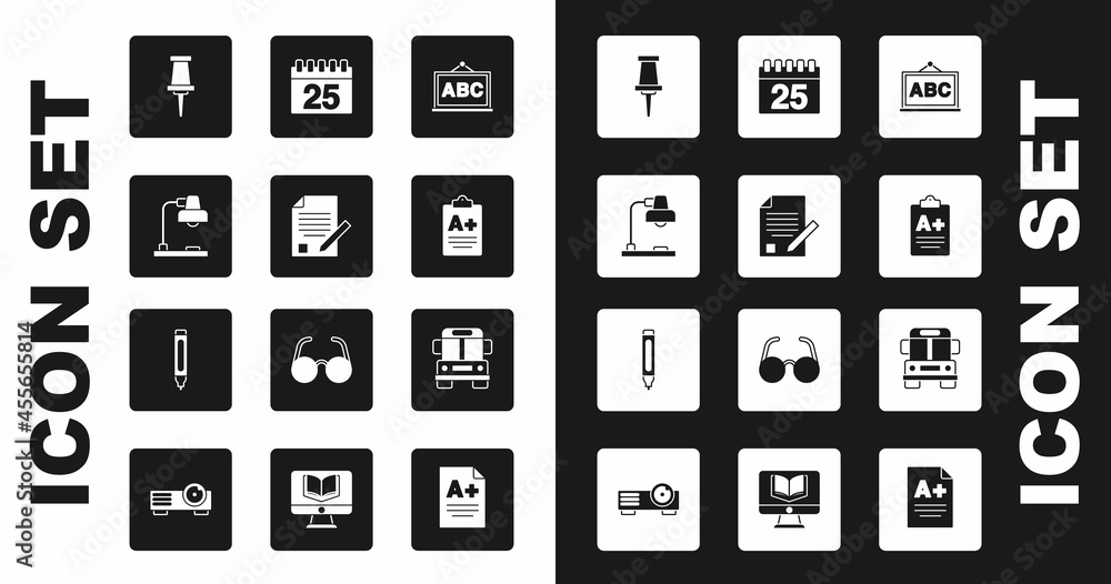 Set Chalkboard, Exam sheet and pencil, Table lamp, Push pin, with A plus grade, Calendar, School Bus and Marker icon. Vector Set Chalkboard, Exam sheet and pencil, Table lamp, Push pin, with A plus grade, Calendar, School Bus and Marker icon. Vector