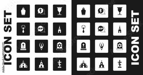Set Christian chalice, Speech bubble rip death, Tie, Funeral urn, Church building, Grave with cross, star of david and tombstone icon. Vector