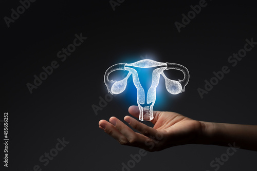 Aesthitic handdrawn illustration of human uterus highlighted blue. Photo collage with female hand on dark studio background.