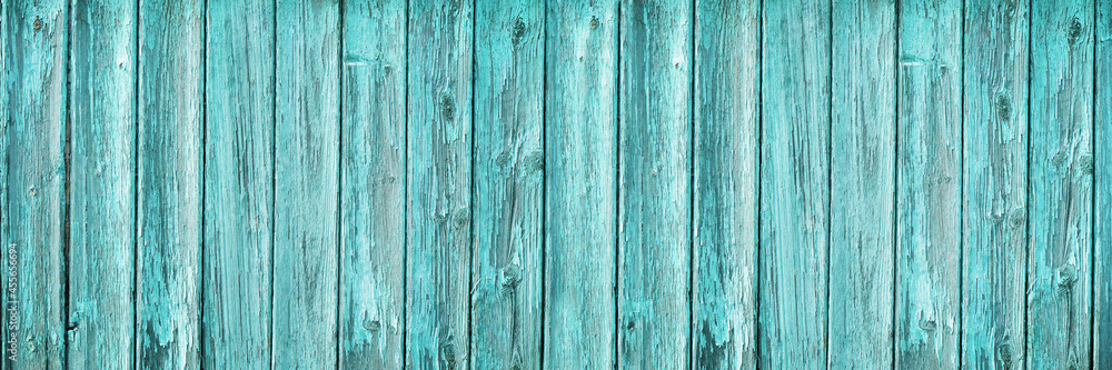 Naklejka premium Light blue green wood texture. Old weathered shabby wood surface. Turquoise vintage background with copy space for design. Wide banner.
