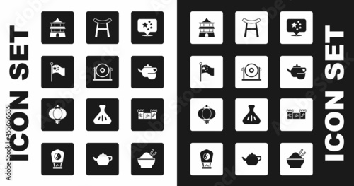 Set China flag, Gong, flagpole, Chinese house, tea ceremony, Japan Gate, Great wall of and paper lantern icon. Vector