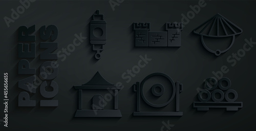 Set Gong, Chinese conical straw hat, house, Sushi cutting board, Great wall of China and paper lantern icon. Vector