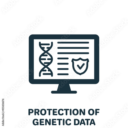 Protection of Online Genetic Data Silhouette Icon. Private Dna Information on Computer Screen with Shield Pictogram. Safe Genetic Info Glyph Icon. Isolated Vector Illustration