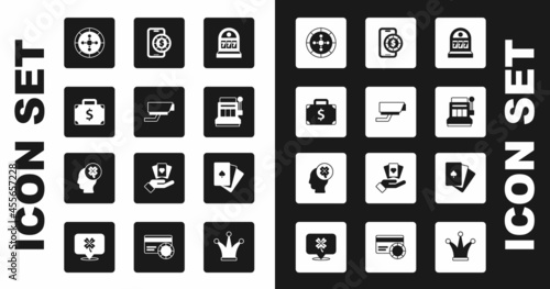 Set Slot machine with jackpot, Security camera, Briefcase and money, Casino roulette wheel, Online poker table game, Deck of playing cards and slot clover icon. Vector