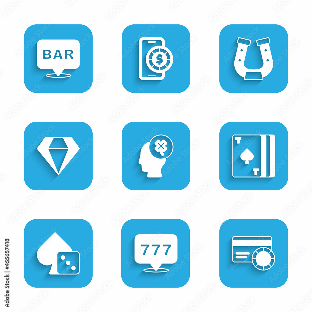 Set Casino slot machine with clover, Slot jackpot, Credit card, Deck of playing cards, Game dice, Diamond, Horseshoe and Alcohol bar location icon. Vector Set Casino slot machine with clover, Slot jackpot, Credit card, Deck of playing cards, Game dice, Diamond, Horseshoe and Alcohol bar location icon. Vector