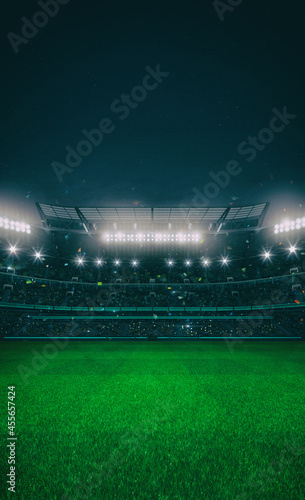 Stadium building full of spectators expecting an evening match on the grass field. High format for social network banners or posters. Sport building 3D professional background illustration. © LeArchitecto