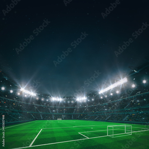 Football stadium building full of spectators expecting an evening match on the grass field. Fan view from grandstand perspective. Sport category 3D illustration background.