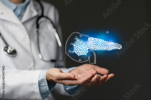 Gastroenterologist doctor, pancreas specialist. Aesthetic handdrawn highlighted illustration of human pancreas. Dark grey background, studio photo and collage. photo