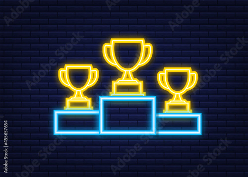 Gold, Silver and Bronze Trophy Cup on blue prize podium. Business or sporting achievements, the championship winner. Neon icon. Vector stock illustration.