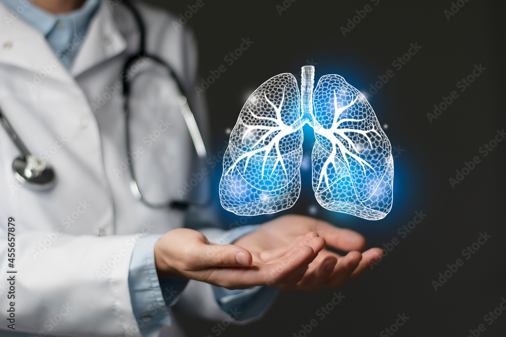 Pulmonologist doctor, lungs specialist. Aesthetic handdrawn highlighted illustration of human lings. Dark grey background, studio photo and collage. - obrazy, fototapety, plakaty 