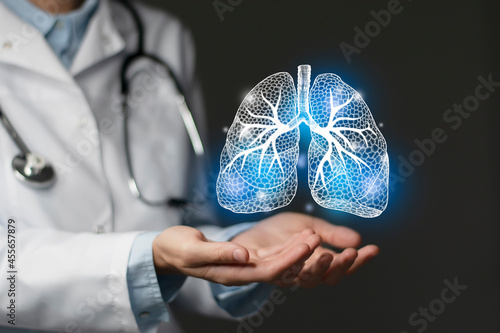 Pulmonologist doctor, lungs specialist. Aesthetic handdrawn highlighted illustration of human lings. Dark grey background, studio photo and collage. photo
