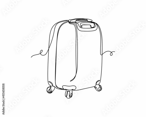 Continuous one line drawing of travel suitcase icon in silhouette on a white background. Linear stylized.