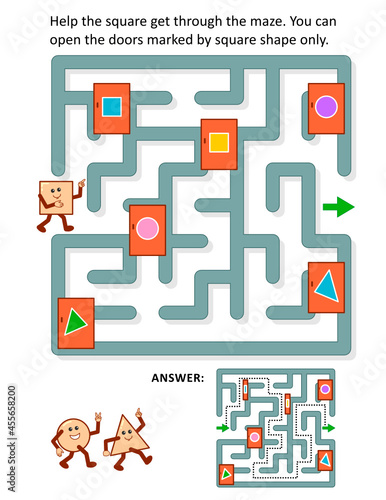 Math maze game: Help the square get through the maze. You can open the doors marked by square shape only. Answer included.

