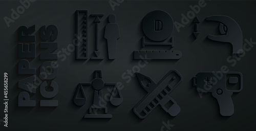 Set Crossed ruler and pencil, Approximate measurements, Scales of justice, Digital thermometer, Diameter and Measuring height body icon. Vector